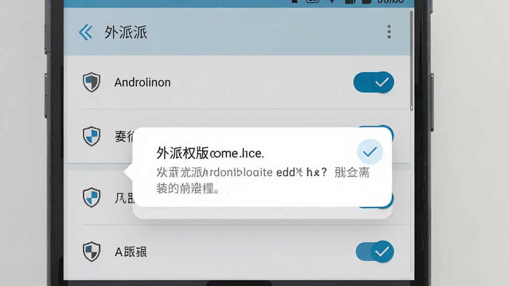 一张表现“外派派”安卓版安装权限设置界面的AI生图,主体为手机设置页面,布局包含权限开关列表和提示弹窗,风格为科技简约,细节有盾牌图标和勾选按钮,画质清晰,干净,无多余元素