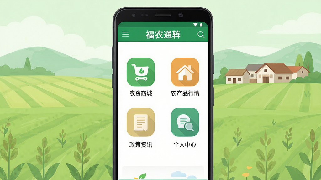 福农通软件主界面展示,画面中央放置一部安卓手机,手机屏幕显示福农通应用首页,页面包含农资商城、农产品行情、政策资讯、个人中心四个主要功能入口图标,图标风格简洁扁平化,背景为淡绿色农田与远处村庄的插画,整体色调清新自然,排版居中对称,细节清晰,画质干净,无多余元素