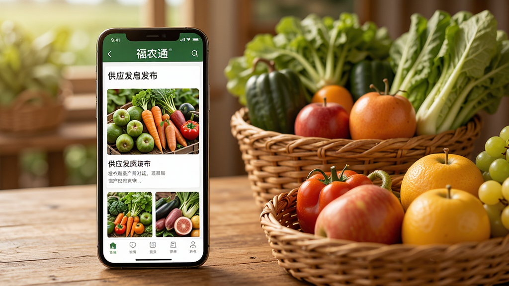 福农通产销对接界面展示,画面中一部手机显示供应信息发布页面,屏幕内有农产品图片和文字描述,手机旁边放置几个装满蔬菜水果的篮子,布局为左右结构,风格温暖写实,细节丰富,画质干净,无多余元素