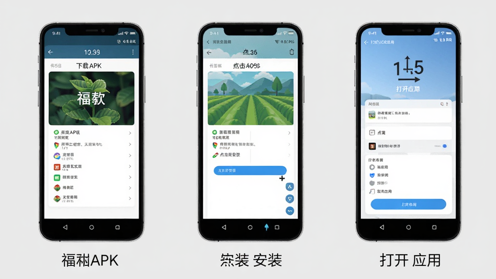 福农通安卓手机安装步骤示意图,画面中三部手机依次排列,分别展示下载APK、点击安装、打开应用的三个步骤,每部手机下方配有简短文字说明,背景为浅灰色,风格简洁商务,排版整齐,细节清晰,画质干净,无多余元素