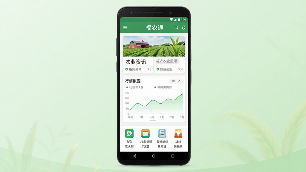 福农通软件主界面展示图,画面中央放置一部安卓手机,手机屏幕显示福农通首页,包含农业资讯卡片、行情数据图表和功能图标,背景为干净的浅绿色渐变,布局简洁明了,风格现代扁平化,细节清晰,画质干净,无多余元素