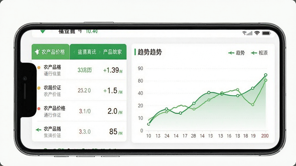 福农通行情查询功能界面图,手机屏幕显示农产品价格列表和趋势折线图,界面配色为白色与绿色搭配,布局整齐,风格清爽,细节清晰,画质干净,无多余元素