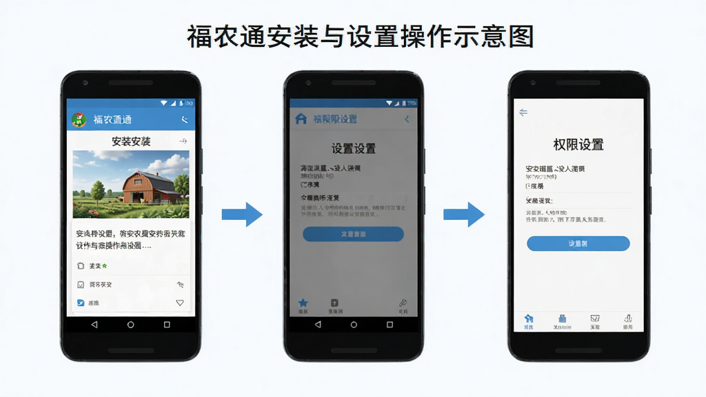 福农通安装与设置操作示意图,画面展示安卓手机安装界面和权限设置页面,布局分步骤排列,风格简洁明了,配色干净,细节清晰,无多余元素