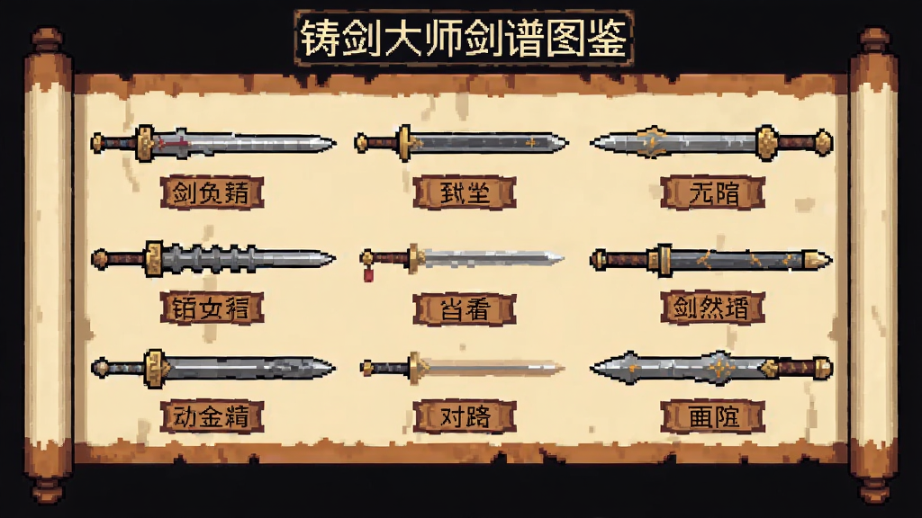 铸剑大师剑谱图鉴界面,画面展示多把不同造型的古代名剑排列在卷轴上,每把剑下方有名称标签,像素风格,古风配色,布局整齐,画质清晰,无多余装饰