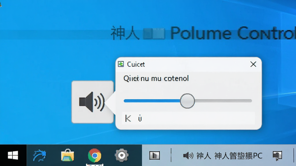一张展示神人音量控制PC电脑版在Windows系统托盘区运行状态的图片,画面主体是电脑桌面右下角的任务栏,托盘区有一个音量控制图标,旁边弹出一个小窗口显示快速音量滑块,布局为局部截图风格,细节包括清晰的图标和滑块,画质清晰,干净,无多余元素