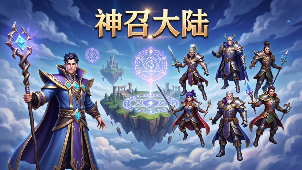画面中央是神召大陆游戏主界面,左侧站立一位手持法杖的召唤师,右侧悬浮着六位不同职业的英雄角色,背景是漂浮在云端的奇幻大陆和远处发光的召唤法阵,画面顶部有“神召大陆”四个发光大字,整体采用3D渲染风格,色彩以蓝紫色和金色为主,细节包括英雄盔甲纹理、法阵符文和云层光影,画质高清,画面干净,无多余元素