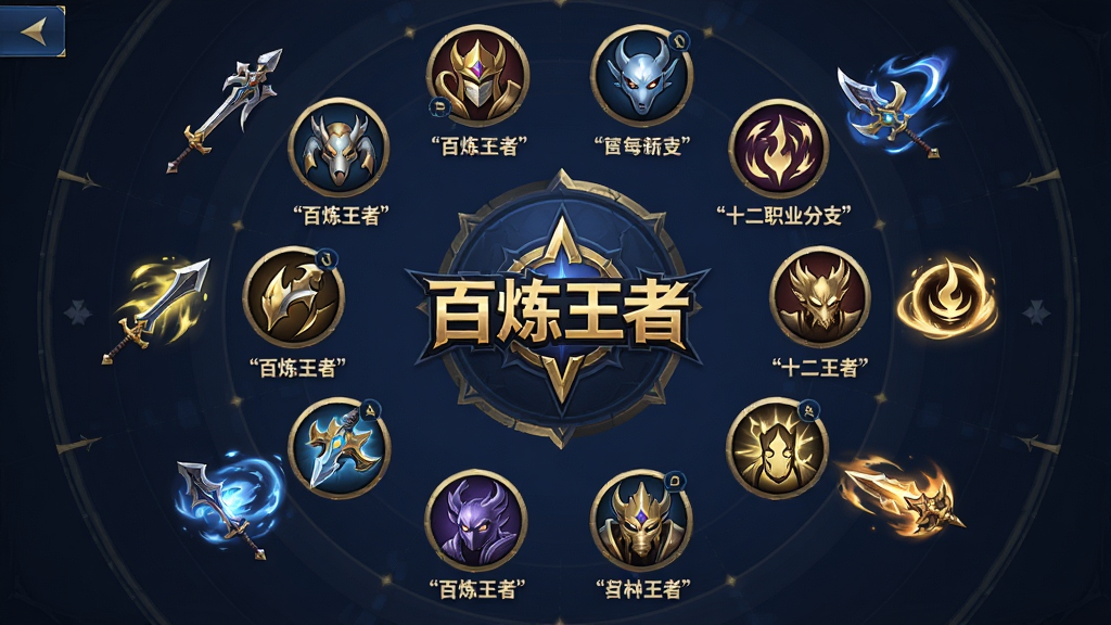 一张展示百炼王者十二职业分支的示意图,画面以圆形布局排列十二个职业图标,中心是