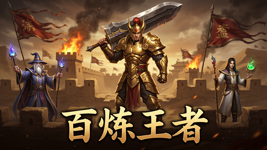 一张展示百炼王者游戏主界面的宣传图,画面中央是一位身穿金色铠甲的战士手持巨剑站立在沙城城墙之上,背景是燃烧的烽火与飘扬的战旗,左右两侧分别站着法师和道士职业角色,画面底部有