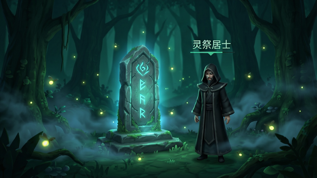一张展示百炼王者隐藏地图入口的图片,画面中是一片幽暗的森林,中央有一块发光的石碑,石碑旁站着一位身穿黑袍的NPC,头顶显示