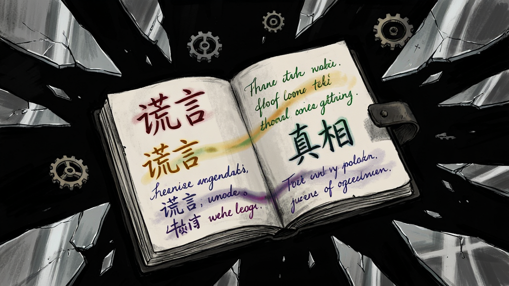 一幅超现实主义风格的插画,画面主体是一本摊开的日记本,纸页上同时浮现出三种不同颜色的笔迹互相覆盖,日记本周围漂浮着破碎的镜片和齿轮,布局采用中心放射状排版,风格为暗黑手绘与心理悬疑结合,细节上笔迹内容隐约可见