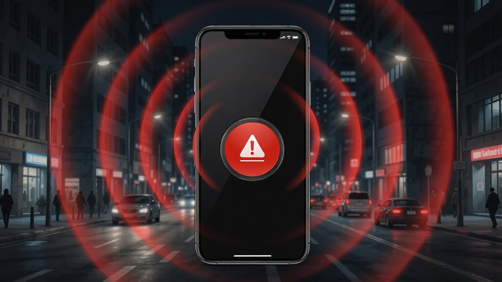 手机警报器一键触发高分贝警报功能展示,画面中央一部手机发出红色声波圈层向外扩散,背景为城市夜晚街道,布局突出手机与声波,风格写实插画,细节包含手机屏幕上的大号警报按钮和声波纹理,画质高清干净无多余元素