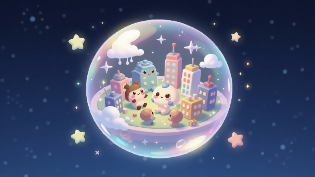 画面主体是一个发光的半透明气泡状星球悬浮在深蓝色星空背景中,星球内部有可爱的卡通角色和彩色建筑,布局采用中心构图,星球占据画面中央偏上位置,四周环绕小星星和光点,排版简洁留有呼吸感,风格为梦幻治愈系数字插画,细节包括气泡表面的彩虹光泽、内部微缩城市轮廓、漂浮的云朵装饰,画质高清、干净、无多余元素,图片中不出现文字