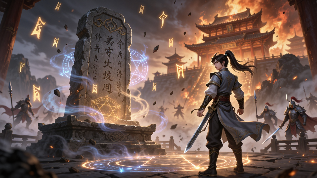 一幅仙侠手游剧情场景插画,画面中一位年轻剑客站在古老的封神台前,面前是巨大的石碑与缭绕的仙气,背景是燃烧的九重天宫,画面风格为唯美古风玄幻CG,细节包含飘落的符文、发光的法阵、远处的天兵天将,画质高清,干净,无多余元素