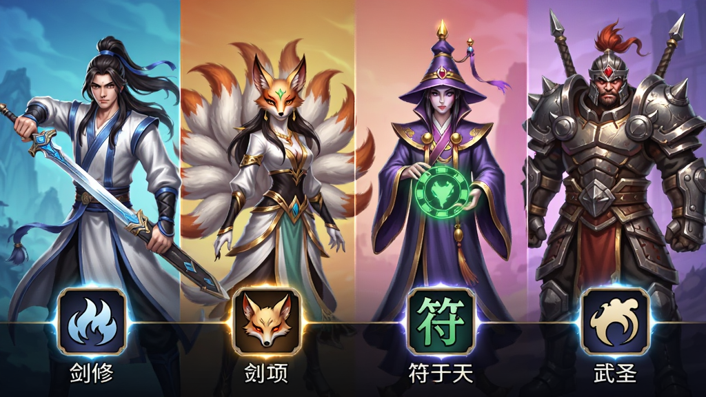 一幅仙侠手游职业选择界面插画,画面中展示四位不同职业的角色并排站立,从左到右依次为持剑剑修、九尾灵狐、符咒天师、重甲武圣,每个角色下方有对应的职业图标与名称文字,画面风格为游戏UI展示图,细节包含清晰的图标、渐变背景、光效边框,画质高清,干净,无多余元素