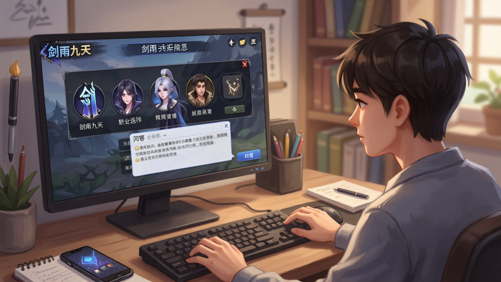 一幅仙侠手游用户问答场景插画,画面中一位玩家坐在电脑前查看游戏攻略,屏幕上显示剑雨九天的职业选择界面与问答对话框,背景是温馨的书房环境,画面风格为现代数字插画,细节包含清晰的屏幕内容、桌面上的手机与笔记、柔和的光线,画质高清,干净,无多余元素
