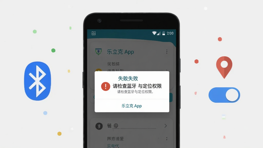 画面主体为一部安卓手机显示乐立克APP连接失败提示弹窗,弹窗旁有蓝牙图标和定位权限开关示意图,背景为浅灰色,布局采用手机居中加两侧图标辅助说明的排版,风格为扁平化信息图,细节包括弹窗上的