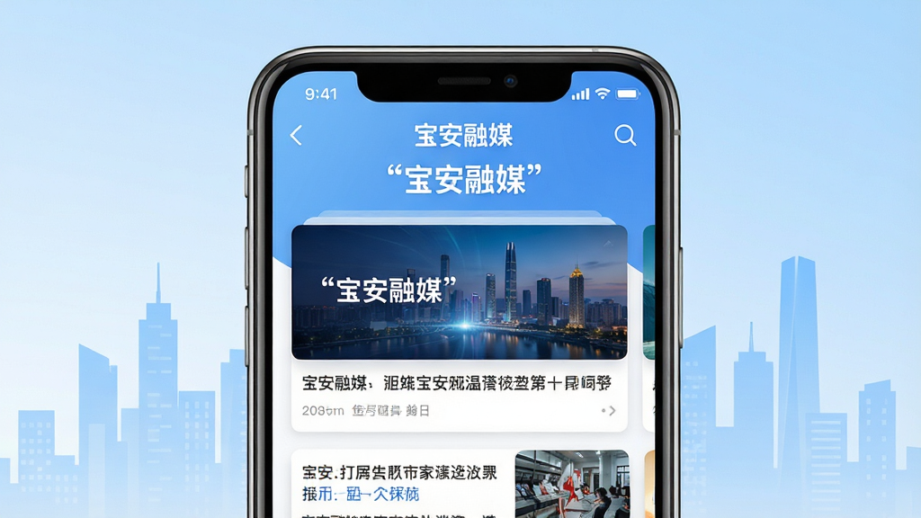 一张展示智能手机屏幕打开宝安融媒App首页的横版场景图,画面中央为手机界面,界面内显示新闻资讯卡片和顶部导航栏,文字使用引号标注