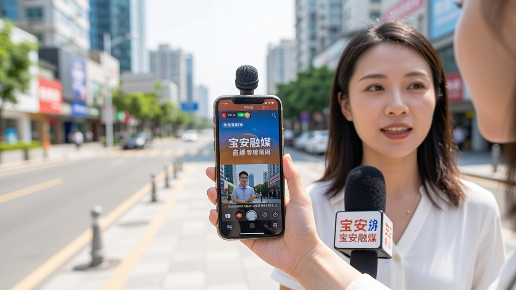 一张表现宝安融媒新闻直播场景的竖版构图,画面主体为记者手持手机进行户外直播,手机屏幕显示