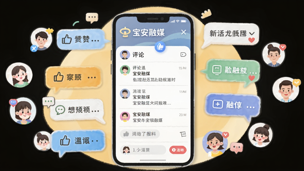 一张展示宝安融媒社区互动功能的横版插图,画面中心为手机屏幕显示评论与报料界面,周围环绕用户头像和对话气泡,文字标注