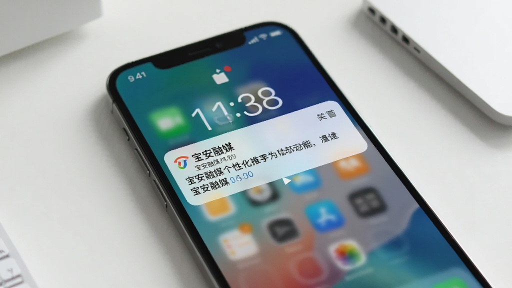 一张表现宝安融媒个性化推送功能的方形构图,画面主体为手机锁屏界面弹出新闻通知,通知内容含