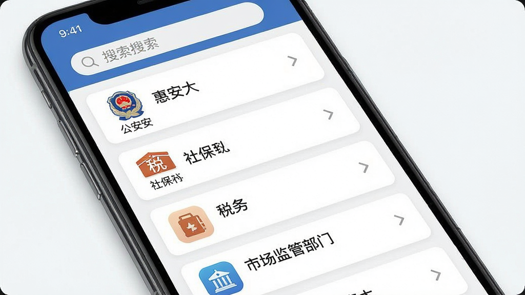 一张展示惠州惠民通政务办事功能界面的手机截图风格图片,主体为手机屏幕内呈现政务办事大厅列表,包含公安、社保、税务、市场监管等部门图标,布局为垂直列表加卡片式设计,排版整齐,风格为商务简洁风,细节包括每个部门图标下方的文字标签、右侧箭头指示、顶部搜索框,画质高清,干净,无多余元素