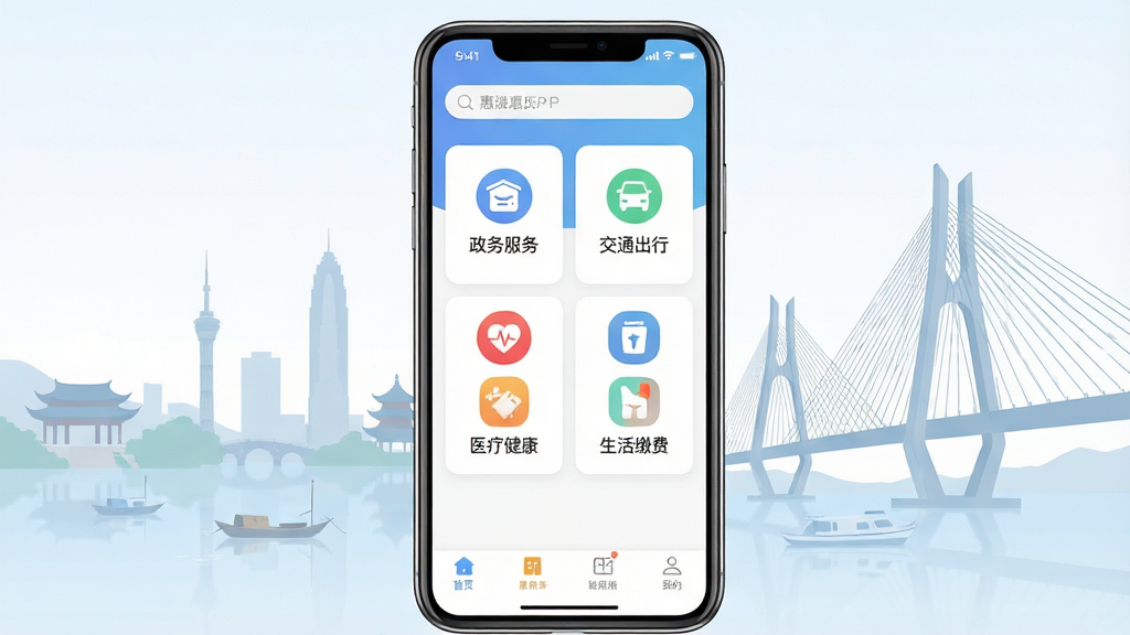 一张展示惠州惠民通APP首页界面的手机预览图,主体为一部竖屏智能手机,屏幕内显示APP首页布局,包含政务服务、交通出行、医疗健康、生活缴费等图标入口,背景为惠州城市地标建筑如惠州西湖或合生大桥的淡雅剪影,布局居中对称,排版简洁清晰,风格为现代扁平化UI设计,细节包括图标圆角、卡片式模块、顶部搜索栏和底部导航栏,画质高清,干净,无多余元素