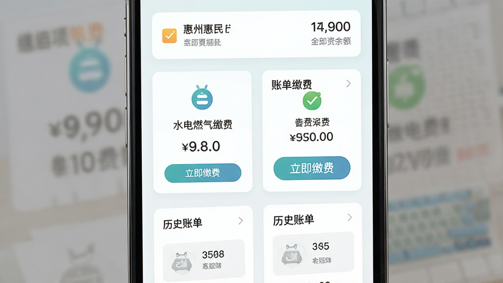 一张展示惠州惠民通生活缴费功能界面的手机预览图,主体为手机屏幕内显示水电燃气缴费入口和账单卡片,布局为网格排列加顶部余额展示,排版清爽,风格为清新浅色系,细节包括缴费项目图标、金额数字、立即缴费按钮、历史账单入口,画质高清,干净,无多余元素