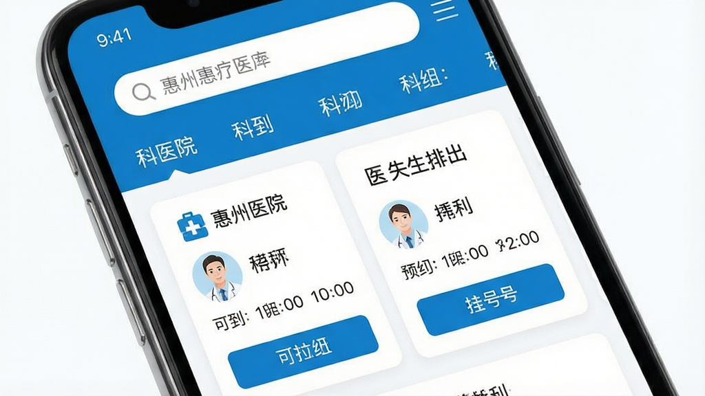 一张展示惠州惠民通医疗健康功能界面的手机预览图,主体为手机屏幕内显示医院列表和预约挂号页面,布局为顶部搜索栏加科室分类加医生排班卡片,排版规整,风格为医疗蓝白清新风,细节包括医院名称、科室图标、医生头像、可预约时间段、挂号按钮,画质高清,干净,无多余元素
