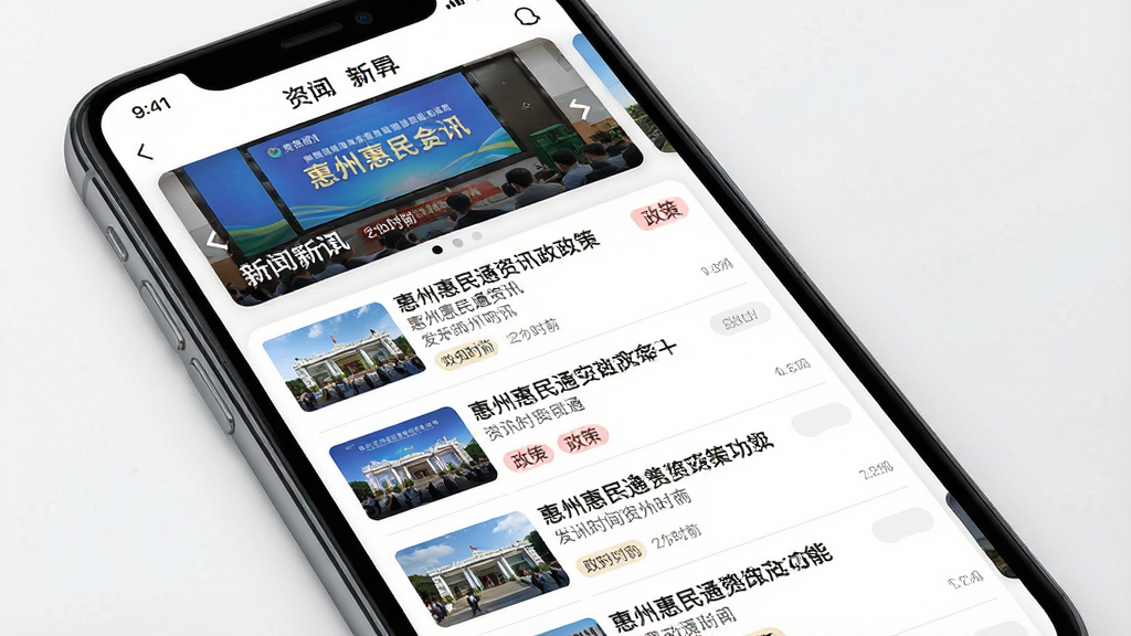 一张展示惠州惠民通资讯政策功能界面的手机预览图,主体为手机屏幕内显示新闻资讯列表和政策解读卡片,布局为顶部轮播图加信息流列表,排版错落有致,风格为杂志化阅读风,细节包括新闻缩略图、标题文字、发布时间、政策标签,画质高清,干净,无多余元素