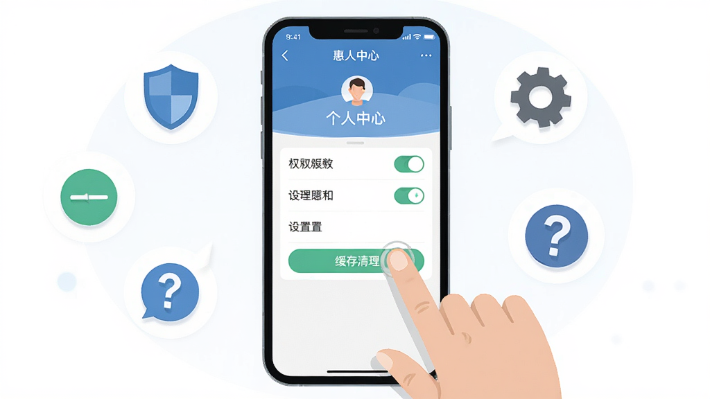 一张展示惠州惠民通移动端使用攻略的示意图,主体为一部手机和一只手正在操作屏幕,屏幕内显示APP的个人中心页面和设置选项,布局为手机居中、周围环绕提示图标如盾牌、齿轮、问号,排版简洁,风格为扁平化插画风,细节包括手指点击动作、权限开关图标、缓存清理按钮,画质高清,干净,无多余元素