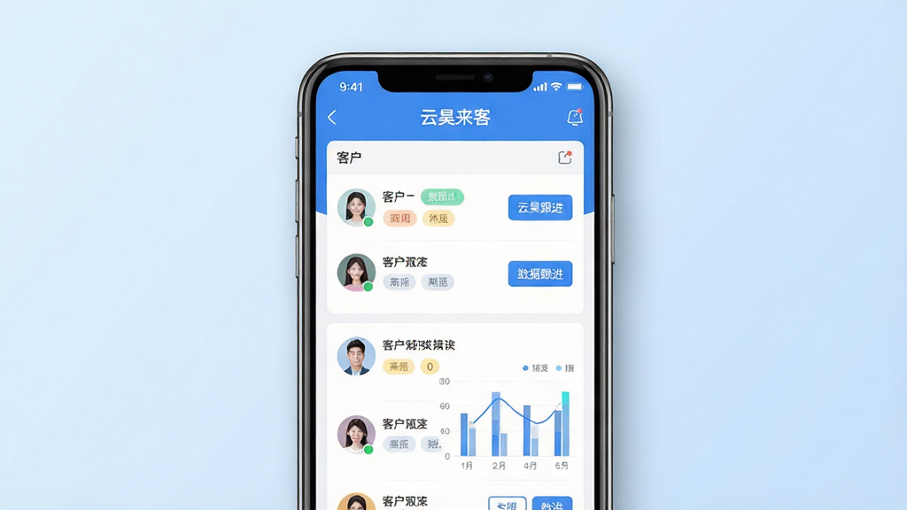 画面主体为一部智能手机,屏幕上显示“云昊来客”软件的界面截图,界面包含客户列表和数据分析图表;布局采用居中构图,手机置于画面正中央,背景为简洁的浅蓝色渐变;排版上手机屏幕内容清晰可见,顶部有软件名称“云昊来客”的文字标识;风格为现代科技感扁平化设计;细节上手机边缘带有轻微阴影,屏幕内展示客户头像、标签和跟进按钮等元素;画质为高清4K,干净无多余元素,背景纯净。