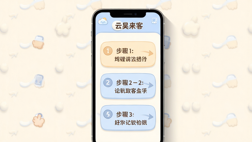 画面主体为“云昊来客”软件的新手引导界面,屏幕上显示分步操作提示,包含箭头指引和文字说明;布局采用手机竖屏展示,界面居中;排版上每一步操作都有清晰的序号和简短文字,顶部有“云昊来客”标识;风格为扁平化卡通插画风格,色彩柔和;细节上界面元素圆润,背景为浅色系,有轻微阴影效果;画质为高清,画面干净,无多余元素。