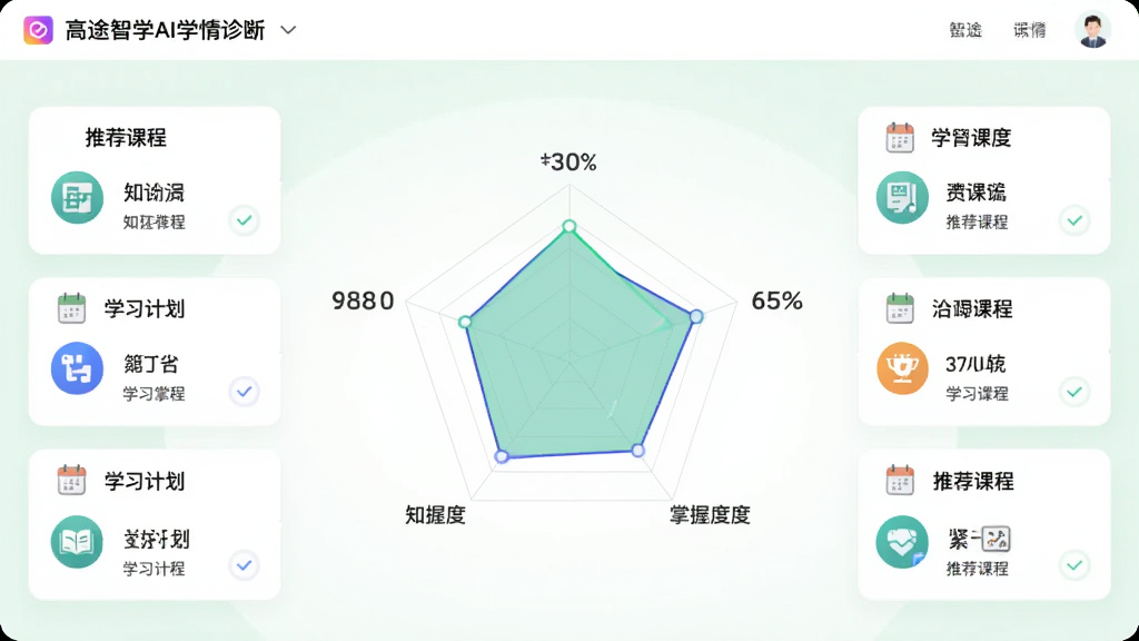 高途智学AI学情诊断界面,画面中央为雷达图展示各科掌握度,周围环绕学习计划卡片与推荐课程图标,背景为白色与淡绿色搭配,风格为数据可视化教育风,细节包含百分比数字、知识点标签、日历图标,画质清晰干净无多余元素