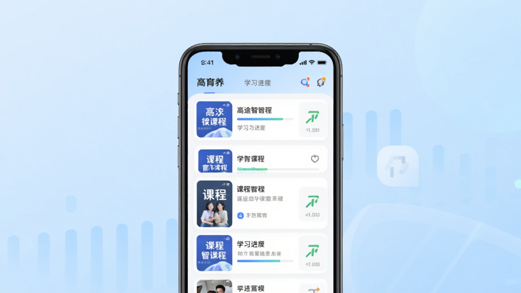高途智学APP主界面截图,展示课程列表与学习进度卡片,画面中央放置手机样机,背景为浅蓝色渐变,排版简洁明快,风格为现代教育科技风,细节包含课程封面、进度条、打卡图标,画质清晰干净无多余元素