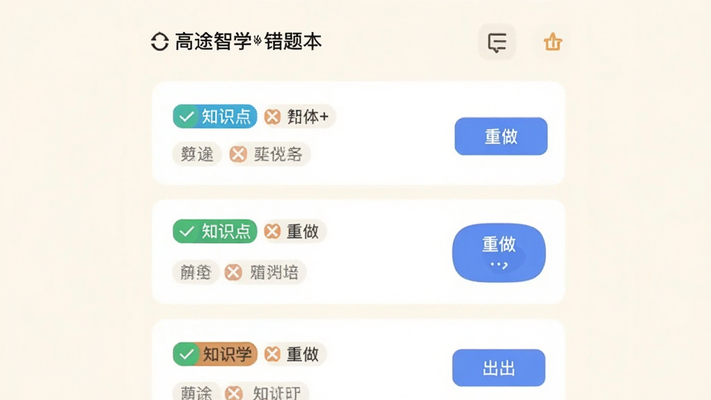 高途智学错题本界面,画面中央为错题卡片列表,每张卡片带有知识点标签和重做按钮,背景为米白色护眼底色,风格为清爽工具类APP风,细节包含对勾叉号图标、分类标签、导出按钮,画质清晰干净无多余元素