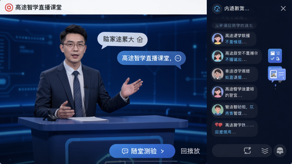 高途智学直播课堂界面,画面展示老师授课画面与右侧弹幕互动区,底部有随堂测验按钮,背景为深蓝色科技感讲台,风格为在线直播教育风,细节包含师生互动气泡、答题卡图标、回放标记,画质清晰干净无多余元素