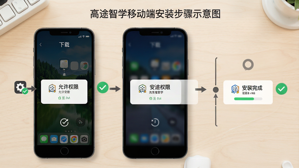 高途智学移动端安装步骤示意图,画面展示手机屏幕从下载到安装完成的四个步骤,包含允许安装权限弹窗和进度条,背景为浅色桌面,风格为教程图解风,细节包含箭头指引、设置图标、勾选标记,画质清晰干净无多余元素