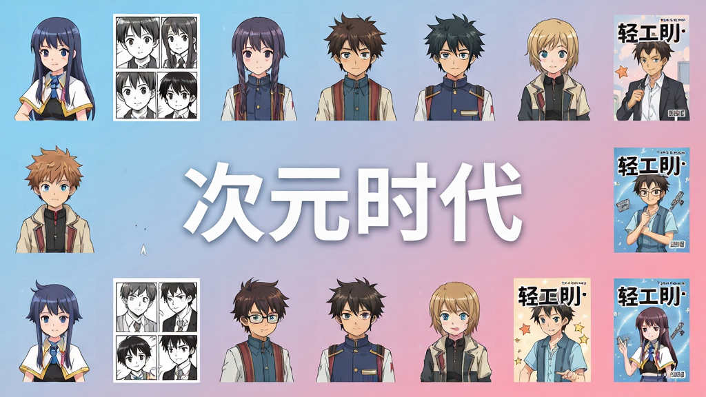 画面以“次元时代”文字为中心,四周分布动漫人物立绘、漫画分格、轻小说封面等元素,背景采用浅蓝与粉色渐变,扁平化设计风格,排版整齐,细节丰富,画质干净,无多余元素