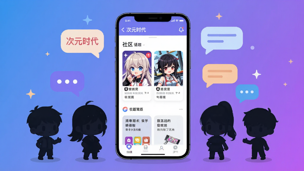 画面中央放置一部智能手机,屏幕显示二次元风格社区界面,包含动漫角色卡片与话题栏目,手机周围环绕Q版人物剪影与对话框元素,整体采用蓝紫渐变背景,扁平化插画风格,细节清晰,画质干净,无多余元素,适合作为“次元时代”软件预览图