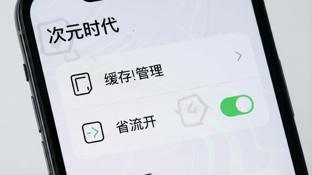 手机界面展示“次元时代”设置选项,包含缓存管理与省流开关图标,背景为淡灰色,图标采用线性风格,排版规整,画质干净,无多余元素
