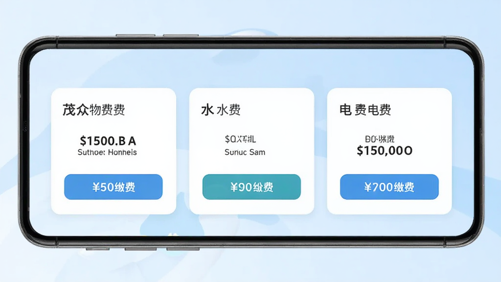 茂众生活缴费页面展示图,一部手机屏幕中显示物业费、水费、电费三类账单卡片,每张卡片带有金额与缴费按钮,背景为淡蓝色渐变,扁平化设计,构图简洁,画质干净,无多余元素