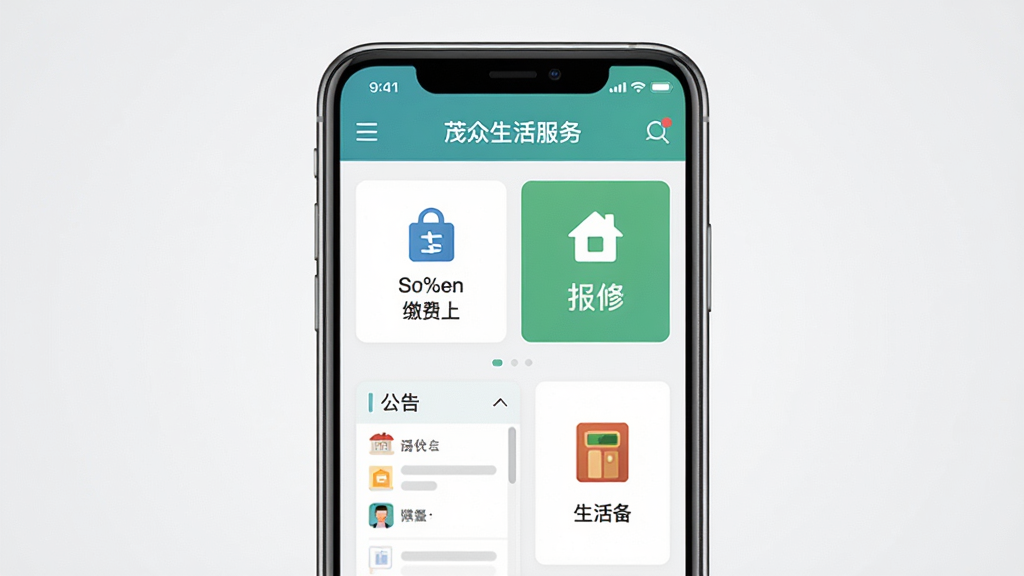 茂众生活软件主界面展示图,画面中央放置一部竖屏智能手机,屏幕内呈现茂众生活社区服务首页,包含缴费入口、报修按钮、公告栏与门禁图标,背景为干净浅灰色渐变,整体采用扁平化写实风格,构图居中对称,细节清晰,画质干净,无多余元素,适合软件下载站预览使用