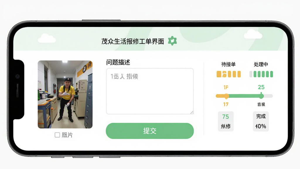 茂众生活报修工单界面展示图,手机屏幕内显示报修表单,包含照片上传区域、问题描述输入框与提交按钮,旁边有进度条示意待接单、处理中、已完成三个阶段,背景为白色与浅绿色搭配,扁平化风格,画质干净,无多余元素
