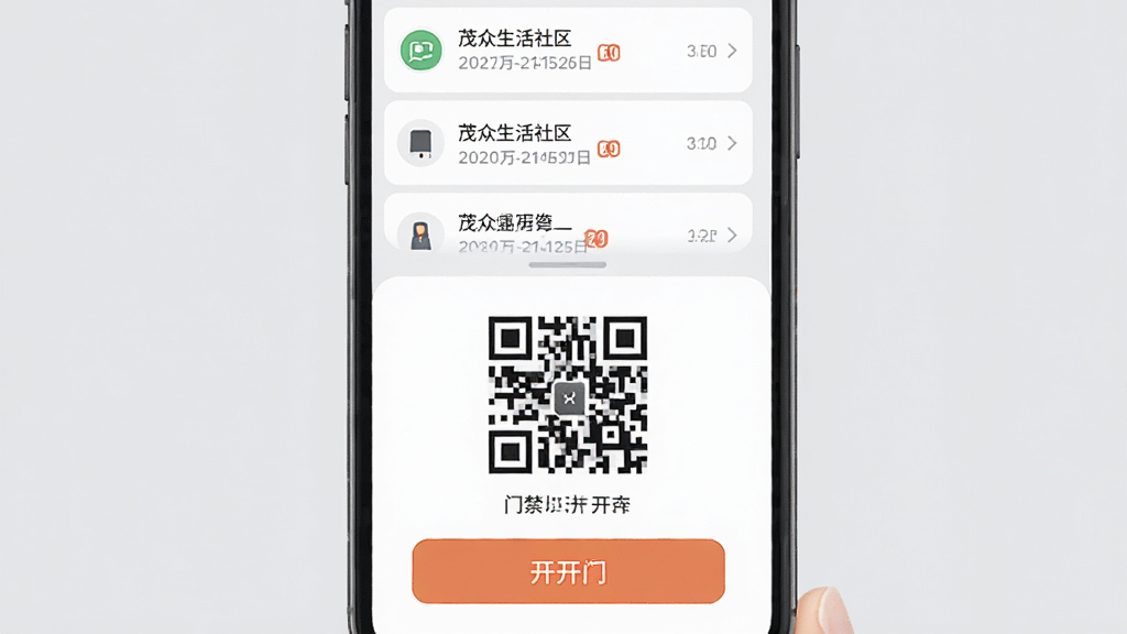 茂众生活社区公告与门禁功能展示图,手机屏幕上半部分显示公告列表,下半部分显示门禁二维码与开门按钮,背景为浅灰色,扁平化设计,构图清晰,画质干净,无多余元素