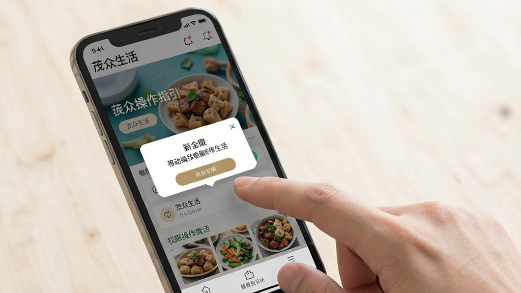 茂众生活移动端操作指引图,画面展示一部手机与一只手正在点击屏幕,屏幕内呈现茂众生活首页与权限弹窗,背景为简洁浅色,构图清晰,风格写实,画质干净,无多余元素