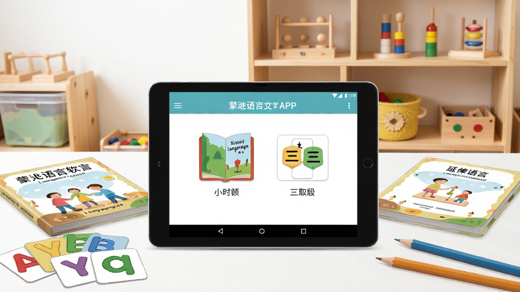 һ��չʾ����������������Ĳ�ͼ����������ڷ���һ̨��׿ƽ�壬��Ļ��ʾ��������APP����ҳ��ҳ����������С������ο�ͼ�꣬��Χɢ����������������ᡢ��ɫ��ĸ��Ƭ��Ǧ�ʣ������������Ķ�ͯ�鷿��ľ������ϰڷ������Ͻ̾ߣ�������������Ȼ��ϸ�ڷḻ�������������ɾ��޶���Ԫ��