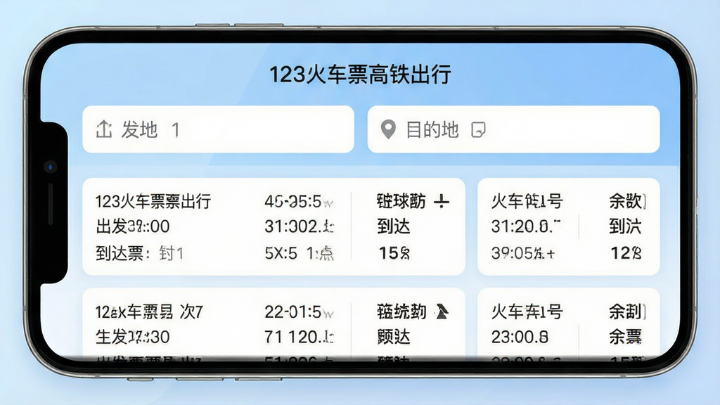 һ���ֻ�Ӧ�ý����ͼ���ͼƬ����������չʾ��123��Ʊ�������С��Ĳ�ѯ���ҳ�棬�Ϸ��г����غ�Ŀ�ĵ�������·����ж��˸������ο�Ƭ��ÿ�ſ�Ƭ��ʾ���κš�����ʱ�䡢����ʱ�����Ʊ����������Ϊǳ��ɫ���䣬�����ˬ��࣬ϸ�����������ʸ��壬�ɾ����޶���Ԫ��