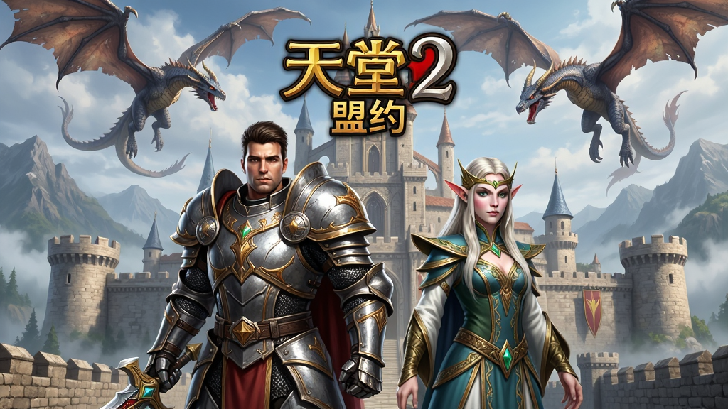 一张天堂2:盟约手游的官方宣传图,主体为身穿华丽铠甲的人类骑士与精灵法师并肩站立,背景是宏伟的亚丁城堡与天空中的巨龙,布局采用中心对称构图,排版为游戏LOGO位于画面中央上方,风格为韩系魔幻写实CG风格,细节包括角色盔甲上的金属纹理、城堡城墙的砖石质感、远处山峦的雾气层次,画质为4K超高清,画面干净无多余元素