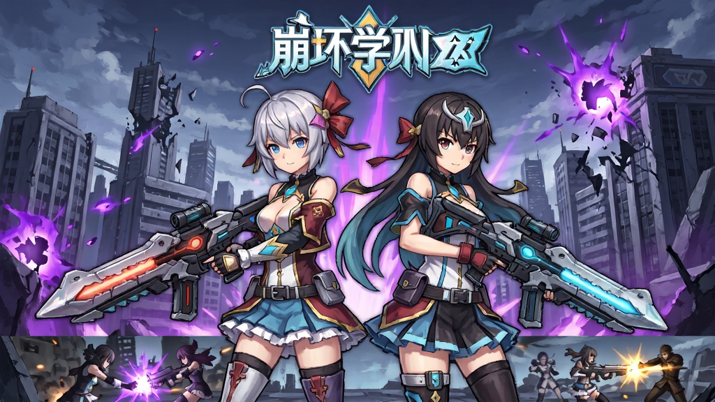 崩坏学园2官方宣传图,画面中央展示两位二次元少女角色手持科幻武器并肩站立,背景为破碎的学园都市建筑与紫色崩坏能量光效,主体人物占画面中部,上方留白区域放置游戏名称文字,下方为战斗场景延伸,整体风格为日系动漫赛璐璐上色,细节包含武器光效与服装褶皱,画质清晰干净,无多余元素。
