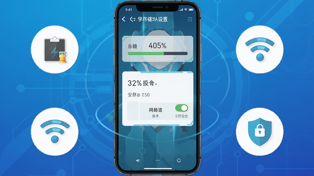 崩坏学园2手机端安装设置示意图,画面展示一部智能手机屏幕显示游戏安装进度条与权限设置界面,背景为简洁的科技风格蓝色渐变,主体手机占画面中央,周围环绕存储空间、网络连接、安全防护等图标元素,风格为扁平化UI设计,细节包含进度百分比与设置开关,画质清晰干净,无多余元素。